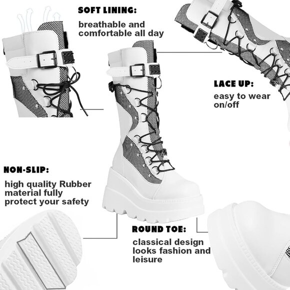 Women's Gothic Platform Boots Synthetic Mid Calf Chunky Wedge Zip - Picture 2 of 6